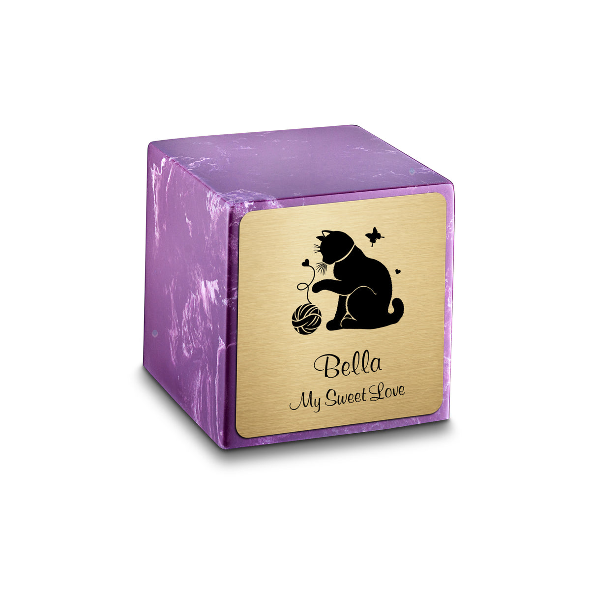 Small Cube Fun Cat Amethyst Cultured Marble Pet Cremation Urn by MacKenzie