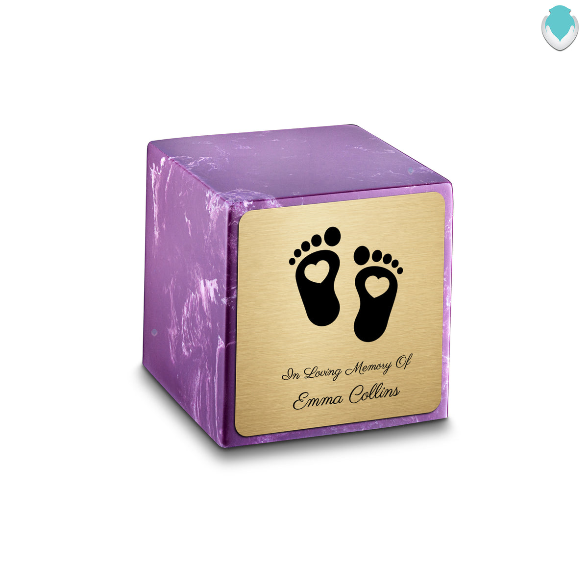 Small Cube Loving Heart Feet Amethyst Cultured Marble Child Cremation Urn by MacKenzie