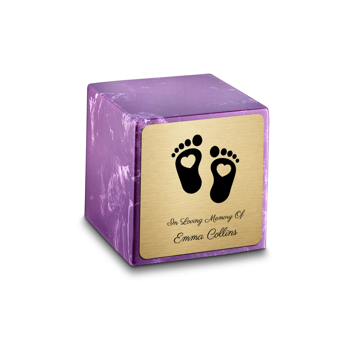 Small Cube Loving Heart Feet Amethyst Cultured Marble Child Cremation Urn by MacKenzie