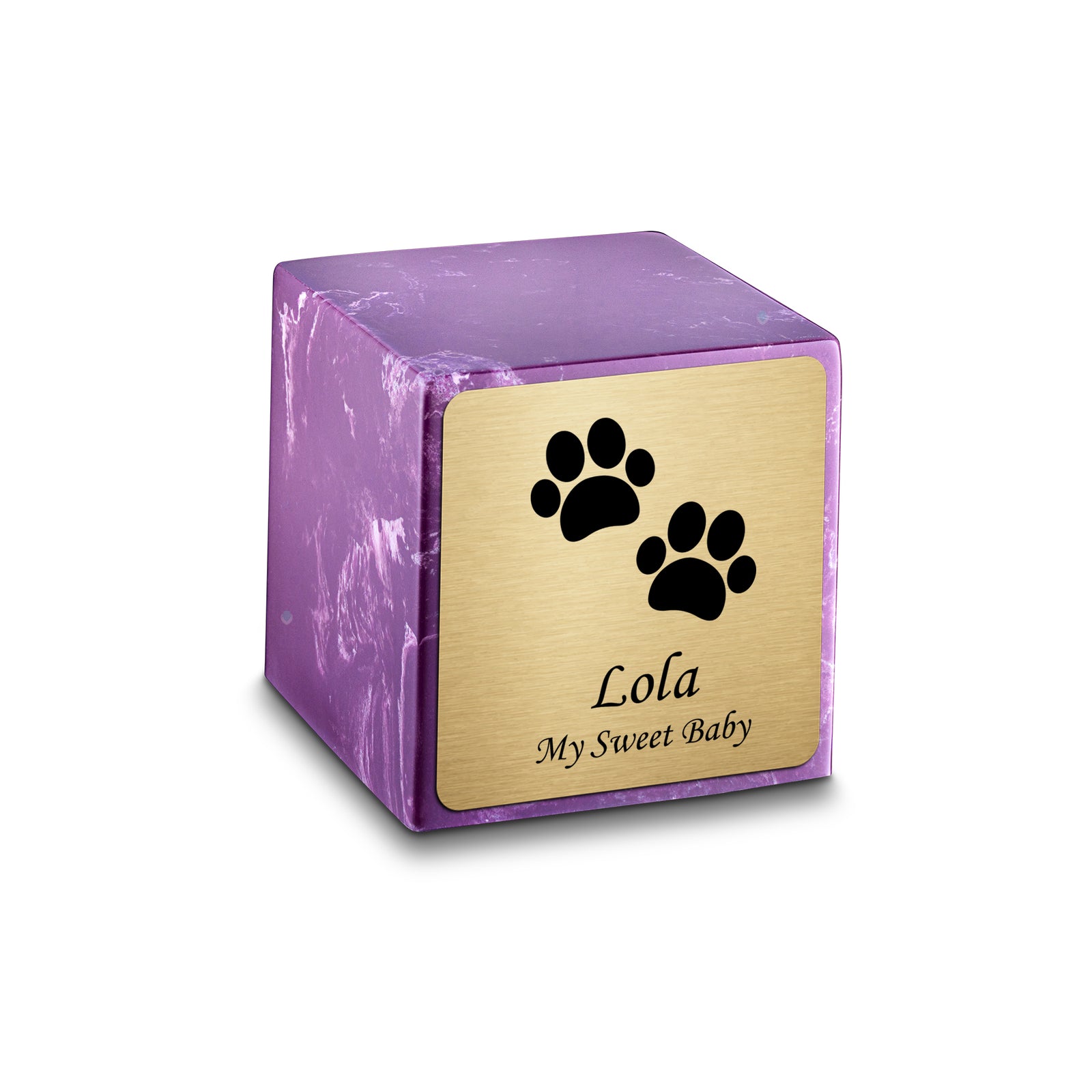 Small Cube Walking Paws Amethyst Cultured Marble Pet Cremation Urn by MacKenzie