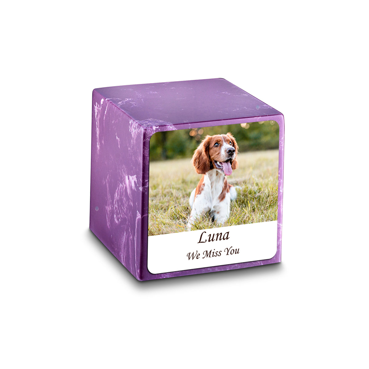 Small Cube Custom Pet Photo Amethyst Cultured Marble Pet Cremation Urn by MacKenzie