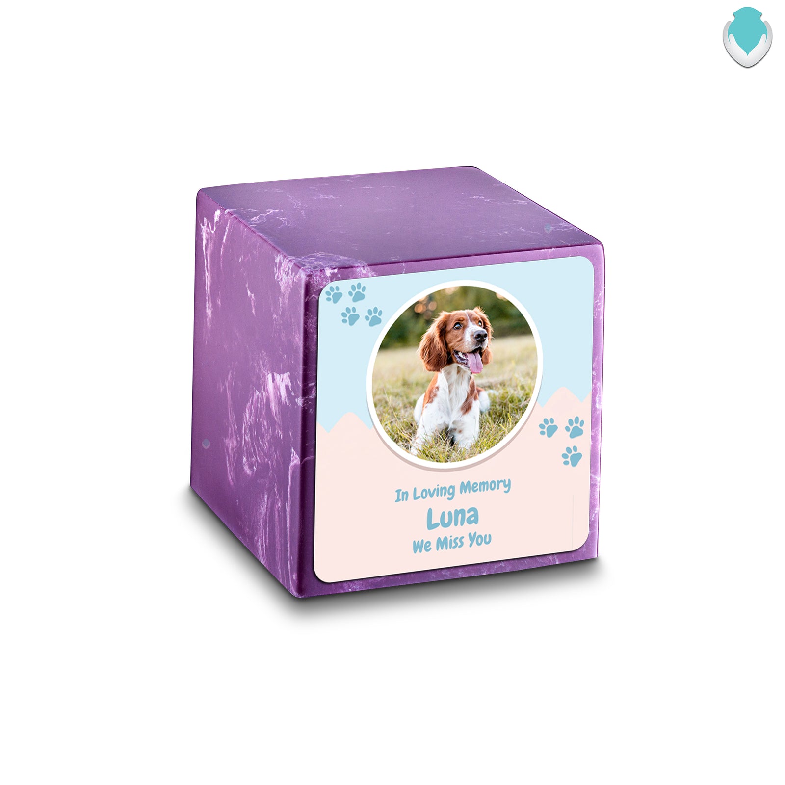 Small Cube Pet Portrait Amethyst Cultured Marble Pet Cremation Urn by MacKenzie