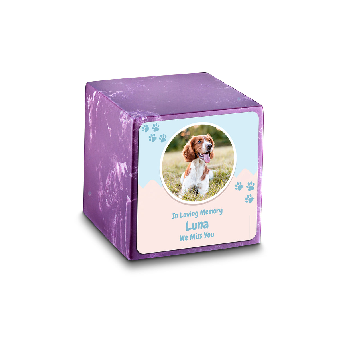 Small Cube Pet Portrait Amethyst Cultured Marble Pet Cremation Urn by MacKenzie