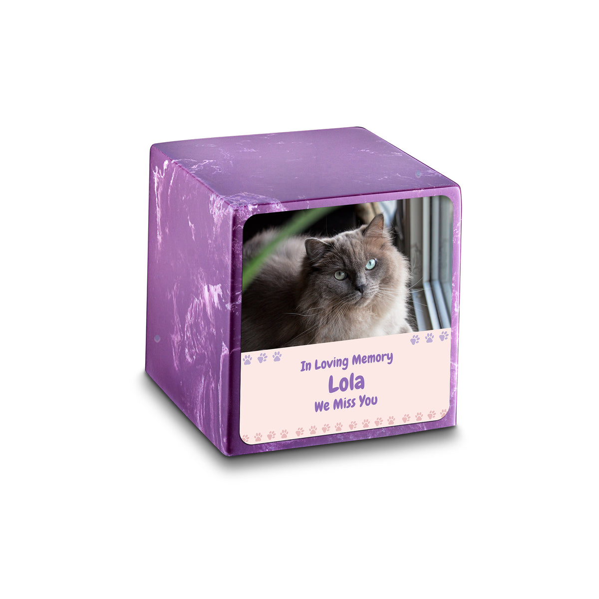 Small Cube Pet Photo Memorial Amethyst Cultured Marble Pet Cremation Urn by MacKenzie