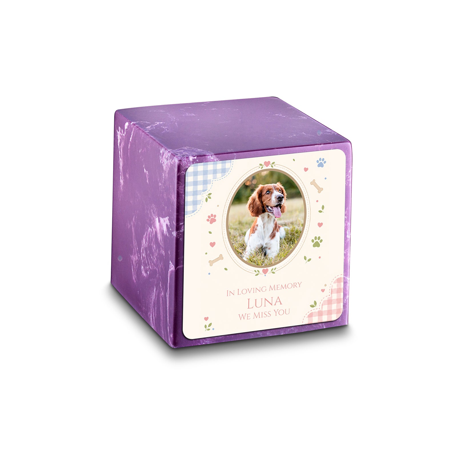 Small Cube Custom Pet Memorial Amethyst Cultured Marble Pet Cremation Urn by MacKenzie