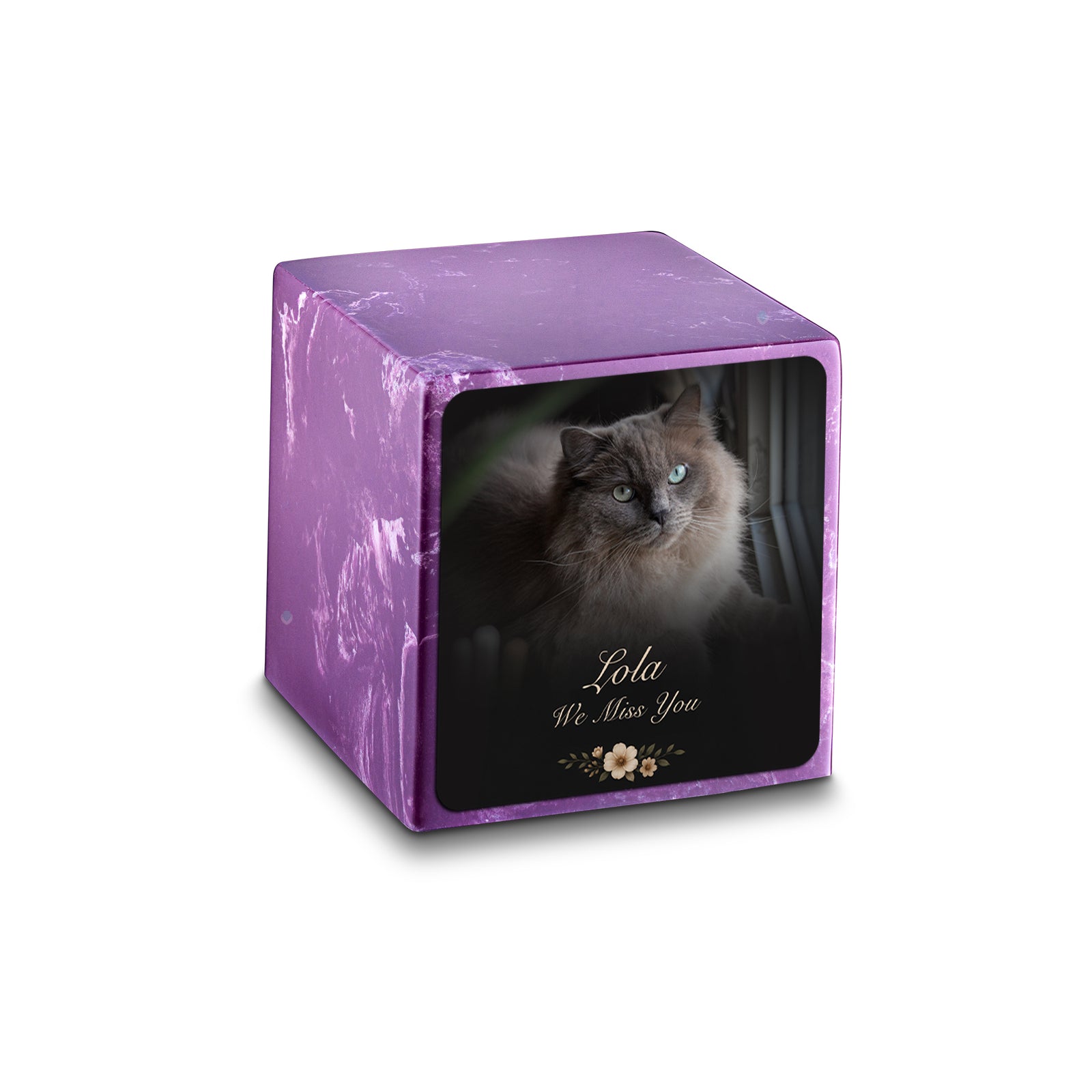 Small Cube Pet Portrait Photo Amethyst Cultured Marble Pet Cremation Urn by MacKenzie