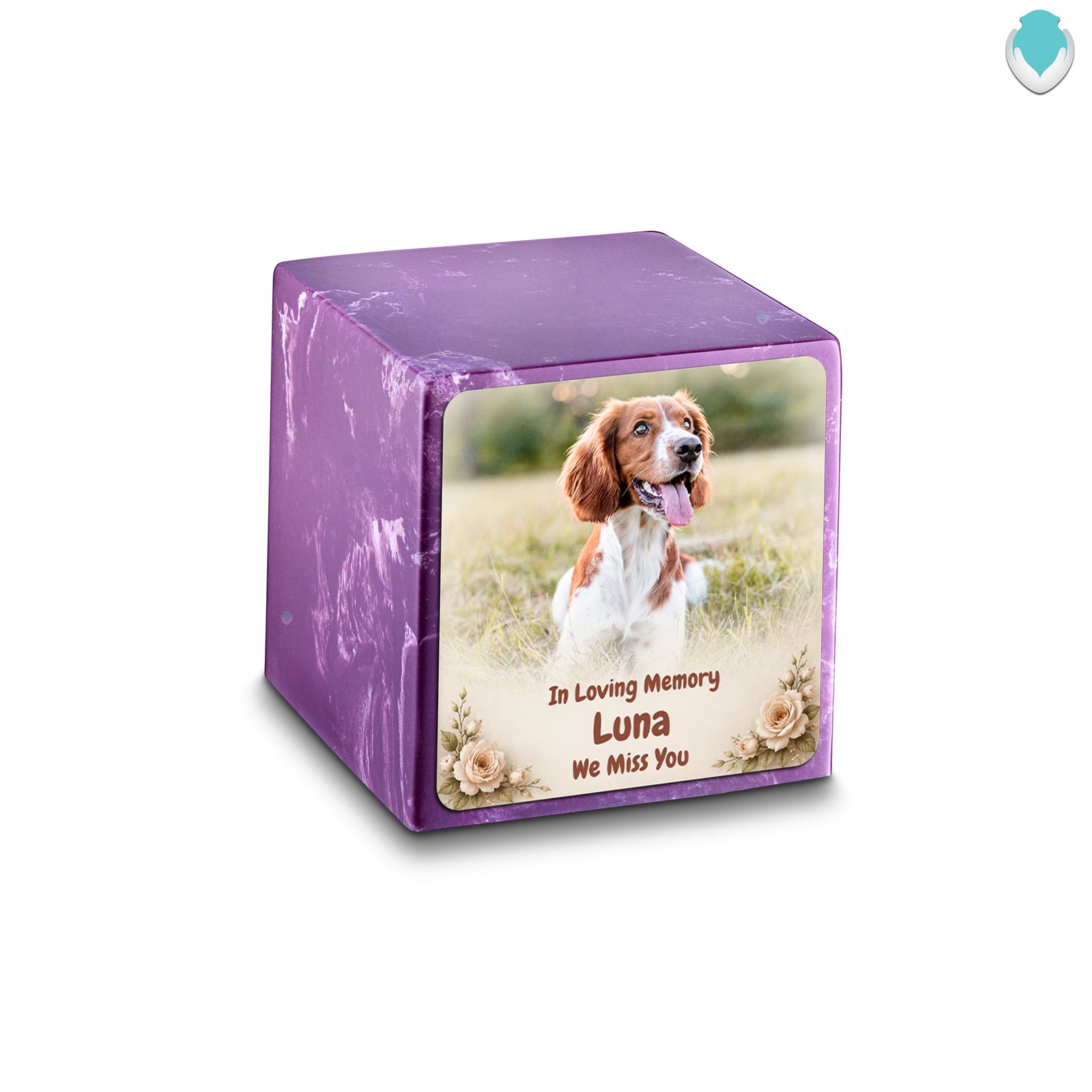 Small Cube Personalized Pet Photo Amethyst Cultured Marble Pet Cremation Urn by MacKenzie