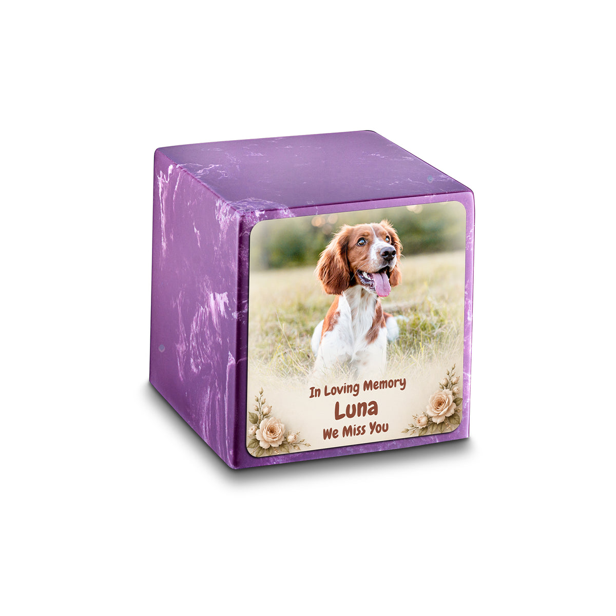 Small Cube Personalized Pet Photo Amethyst Cultured Marble Pet Cremation Urn by MacKenzie