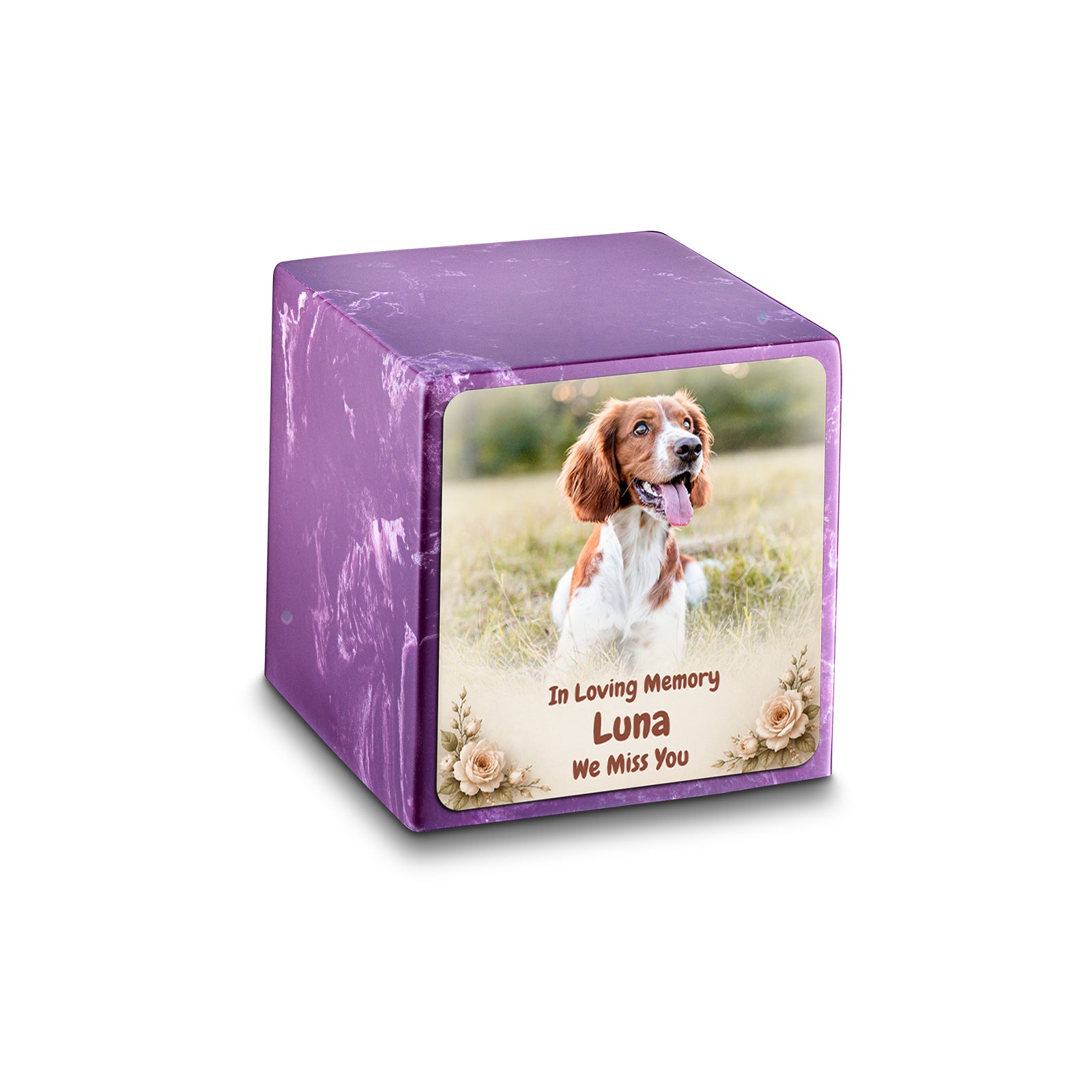 Small Cube Personalized Pet Photo Amethyst Cultured Marble Pet Cremation Urn by MacKenzie