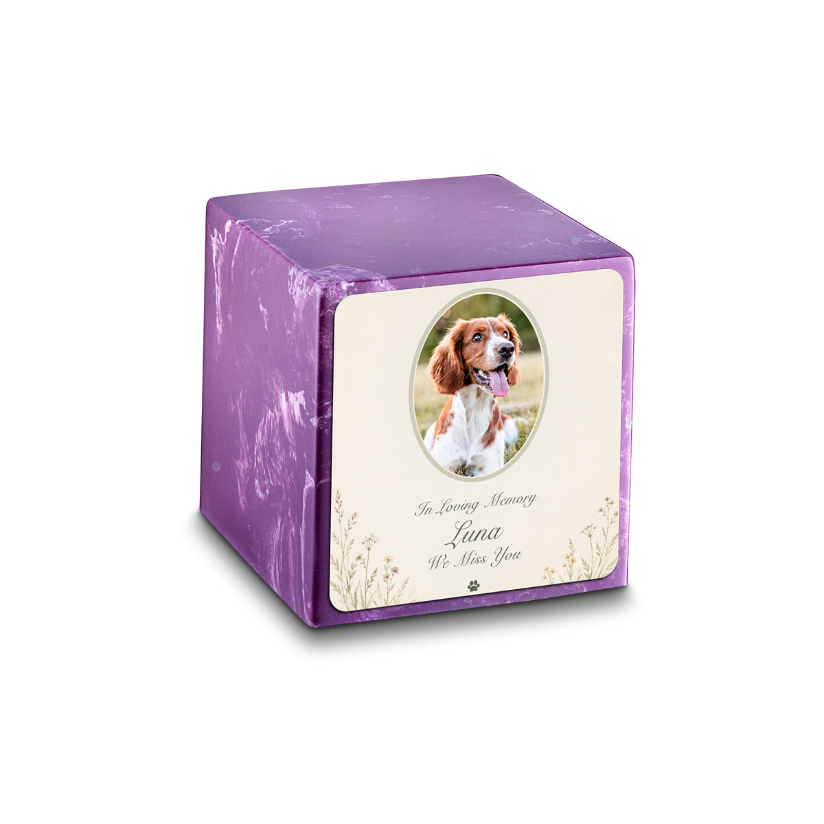 Small Cube Pet Portrait Tribute Amethyst Cultured Marble Pet Cremation Urn by MacKenzie