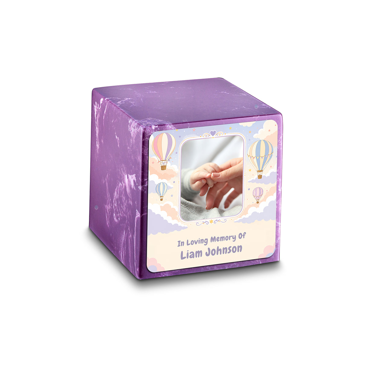 Small Cube Hot Air Balloons Amethyst Cultured Marble Child Cremation Urn by MacKenzie