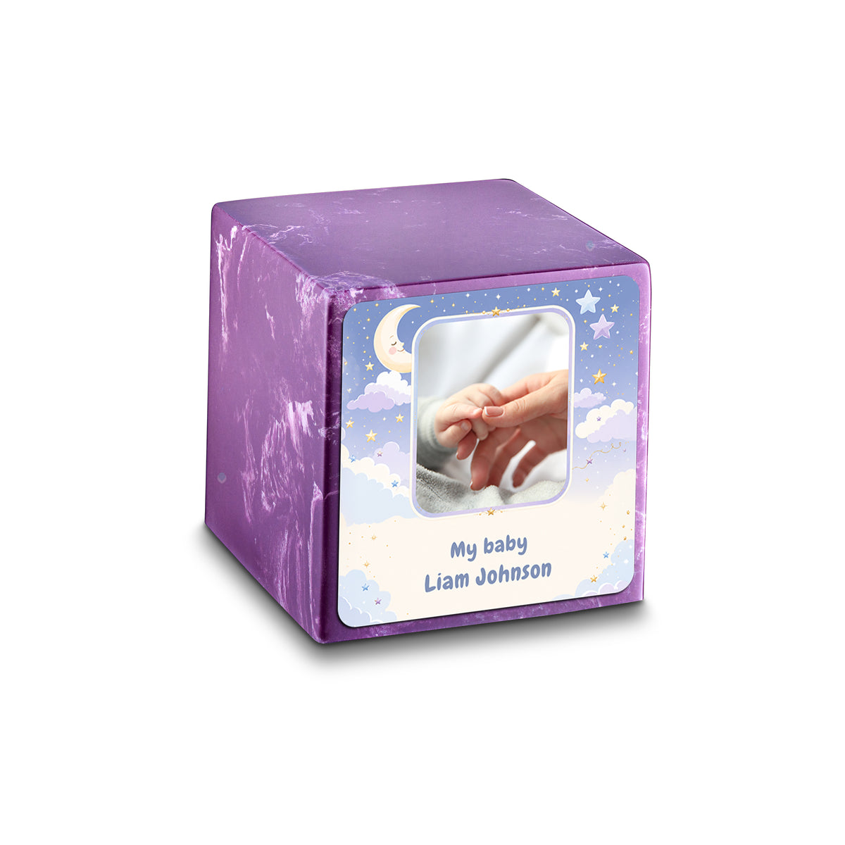 Small Cube Moon and Stars Amethyst Cultured Marble Child Cremation Urn by MacKenzie