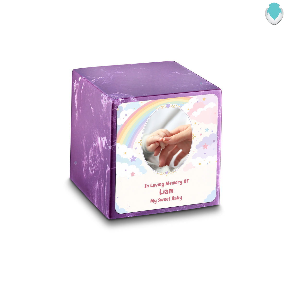Small Cube Rainbow and Clouds Amethyst Cultured Marble Child Cremation Urn by MacKenzie