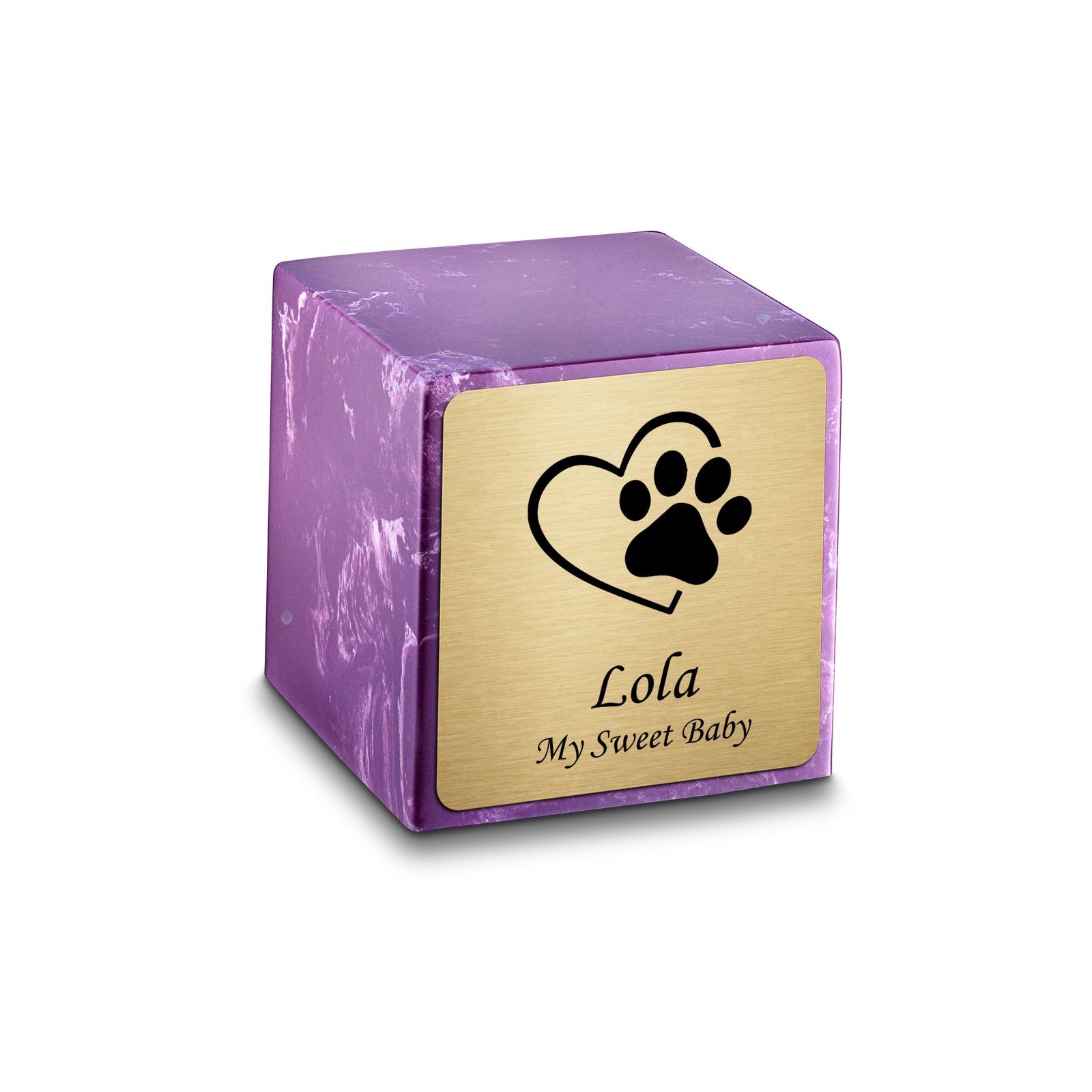Small Cube Single Heart Paw Amethyst Cultured Marble Pet Cremation Urn by MacKenzie