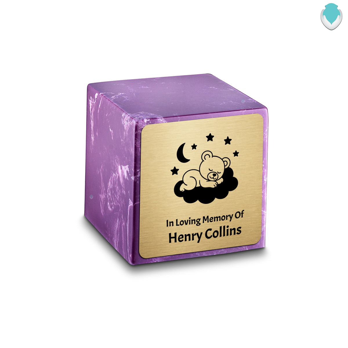 Small Cube Sleeping Teddy Amethyst Cultured Marble Child Cremation Urn by MacKenzie