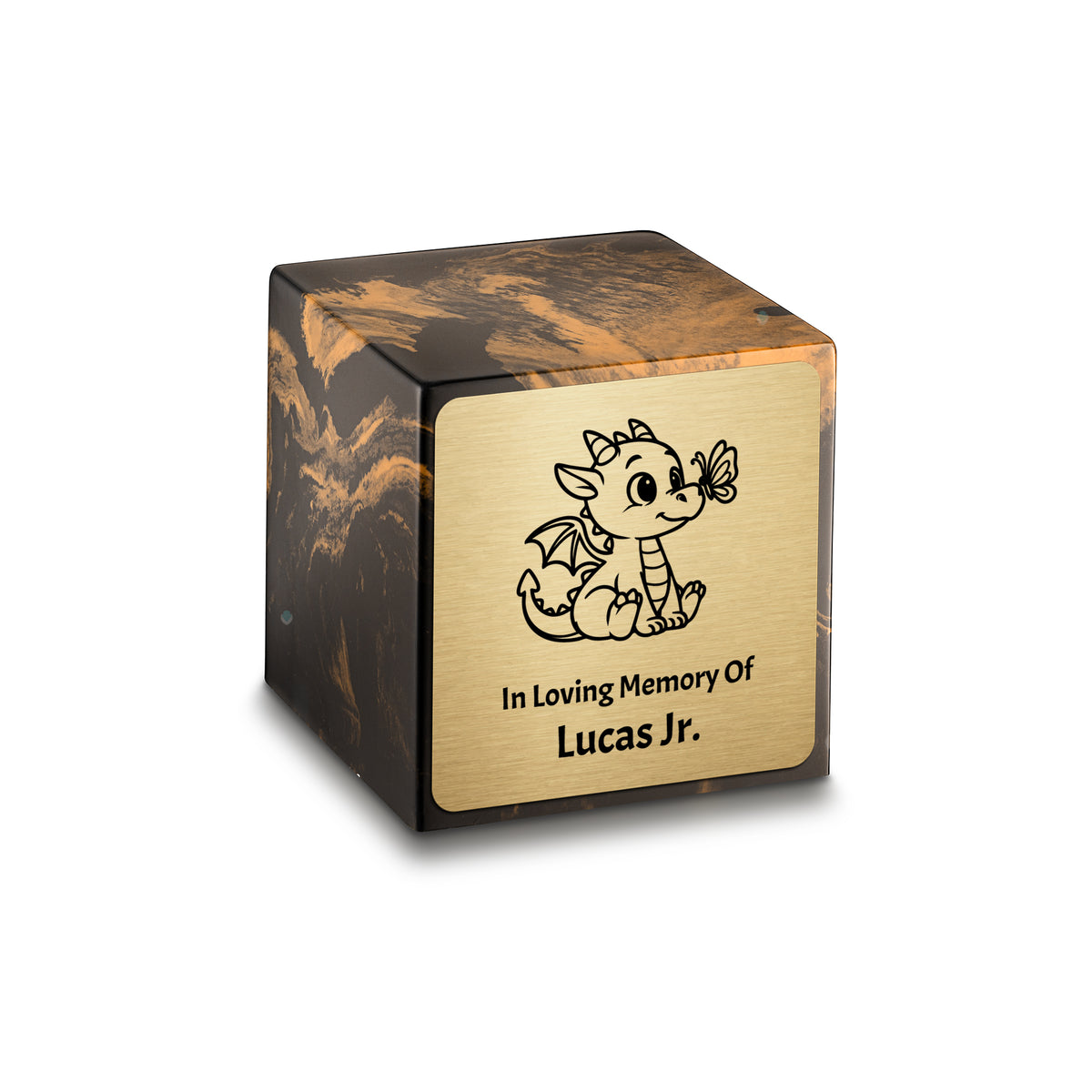 Small Cube Baby Dragon Black and Gold Cultured Marble Child Cremation Urn by MacKenzie