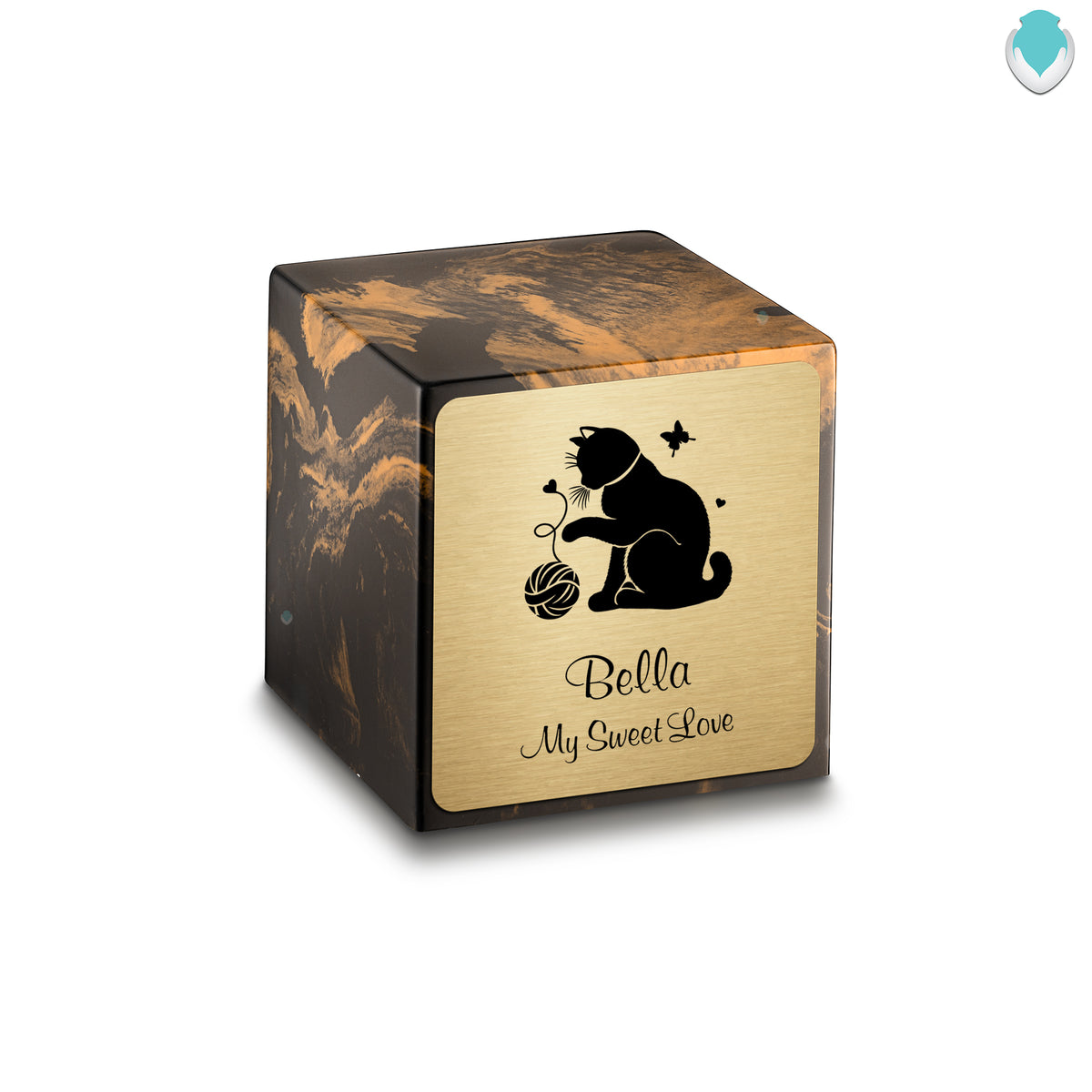 Small Cube Fun Cat Black and Gold Cultured Marble Pet Cremation Urn by MacKenzie