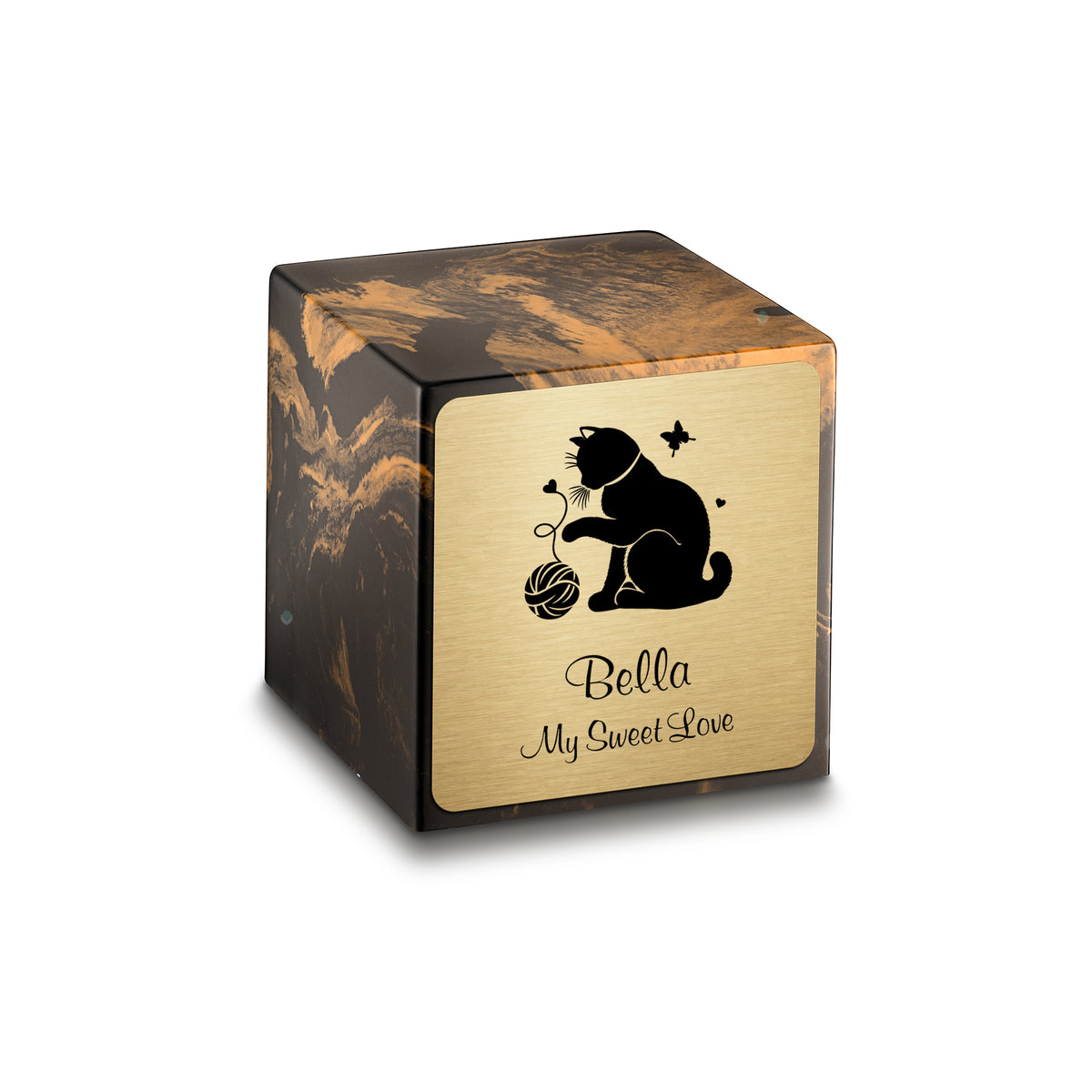 Small Cube Fun Cat Black and Gold Cultured Marble Pet Cremation Urn by MacKenzie