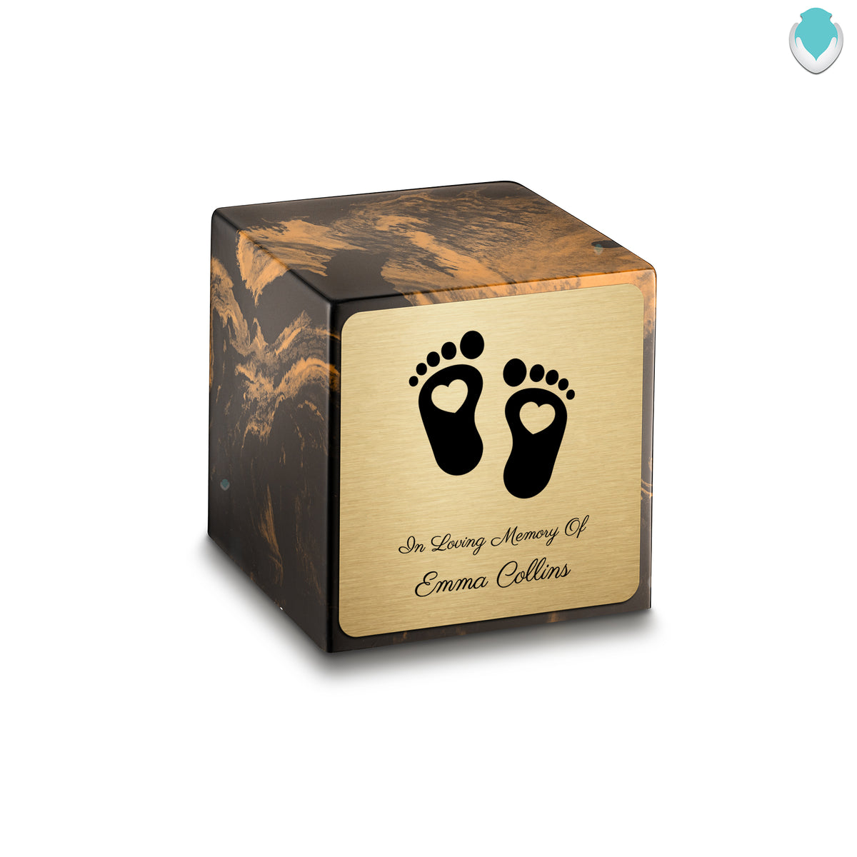 Small Cube Loving Heart Feet Black and Gold Cultured Marble Child Cremation Urn by MacKenzie