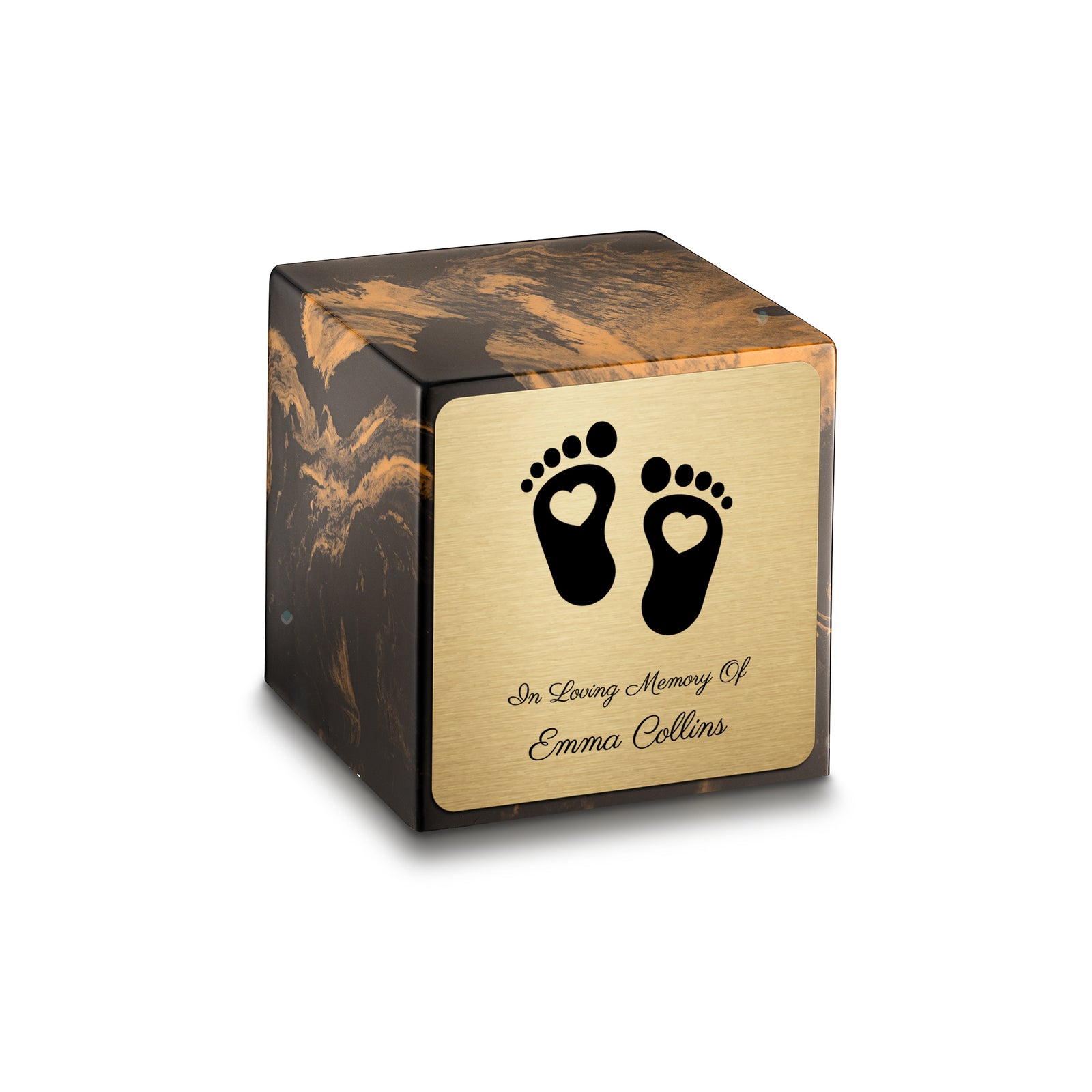 Small Cube Loving Heart Feet Black and Gold Cultured Marble Child Cremation Urn by MacKenzie