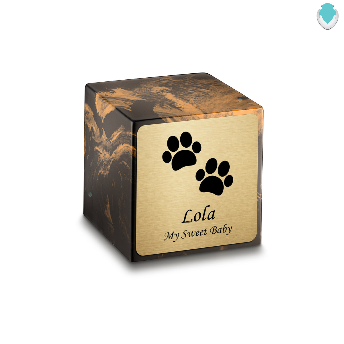 Small Cube Walking Paws Black and Gold Cultured Marble Pet Cremation Urn by MacKenzie