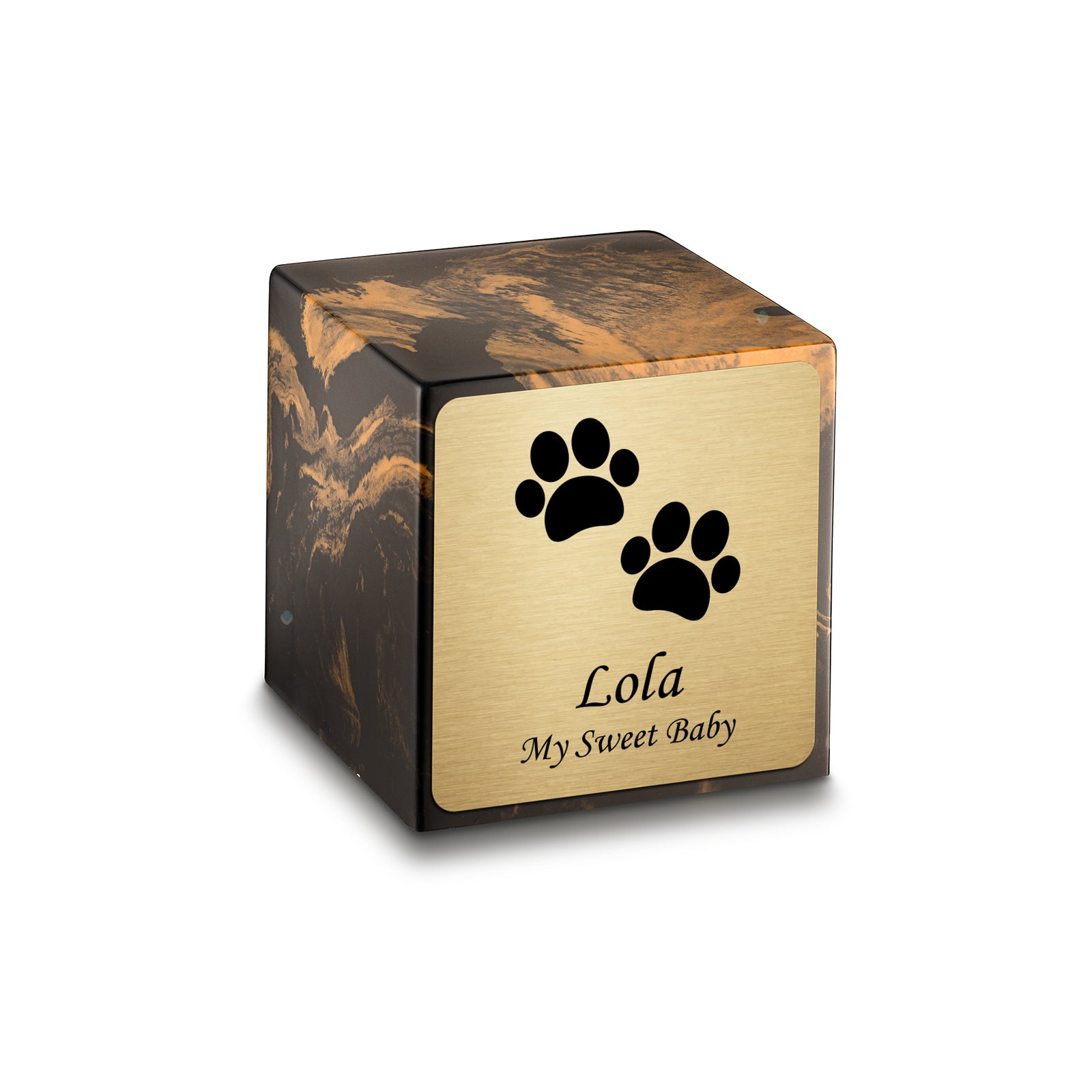 Small Cube Walking Paws Black and Gold Cultured Marble Pet Cremation Urn by MacKenzie