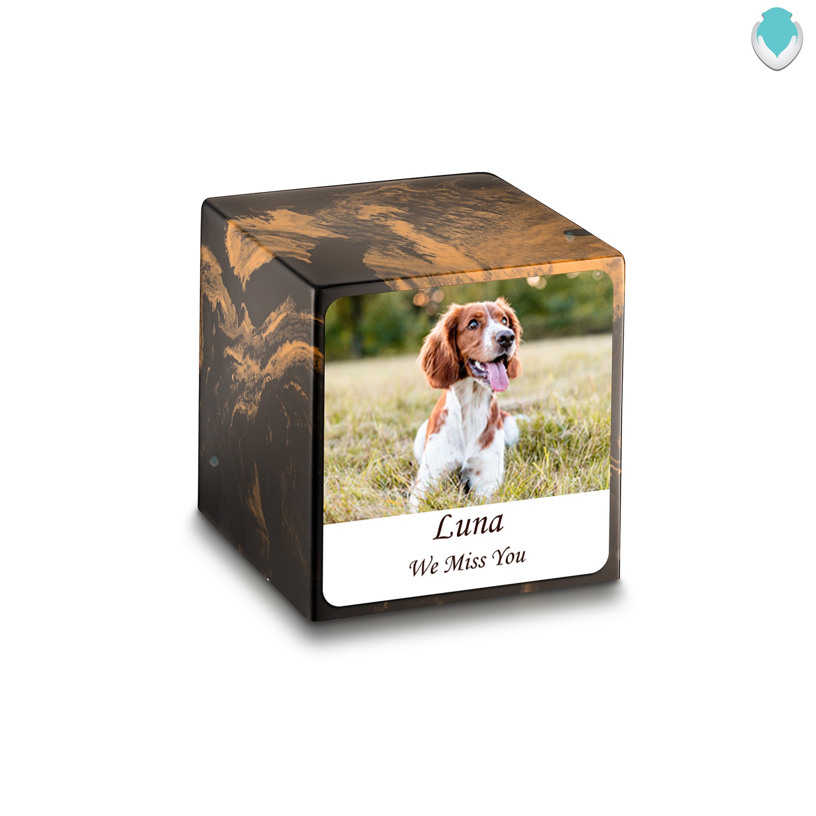 Small Cube Custom Pet Photo Black & Gold Cultured Marble Pet Cremation Urn by MacKenzie