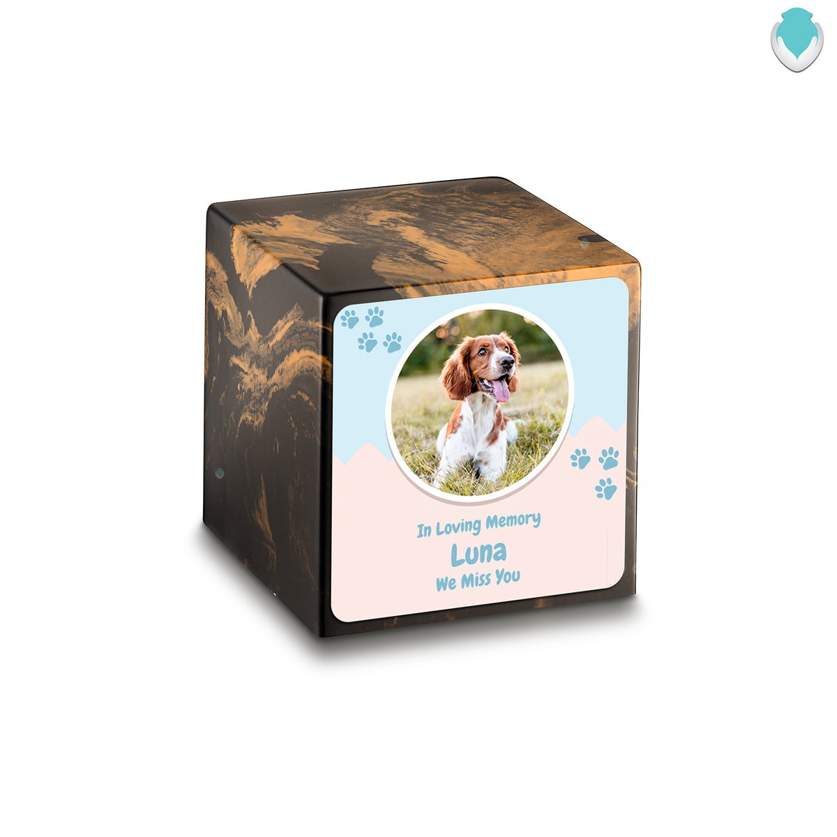 Small Cube Pet Portrait Black & Gold Cultured Marble Pet Cremation Urn by MacKenzie
