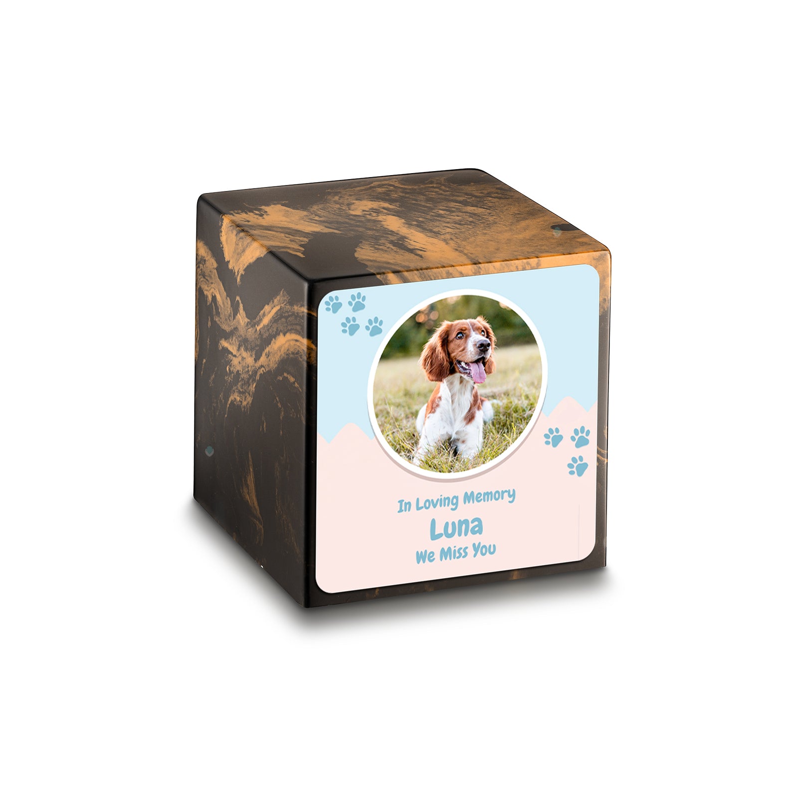 Small Cube Pet Portrait Black & Gold Cultured Marble Pet Cremation Urn by MacKenzie