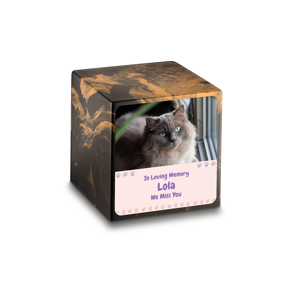 Small Cube Pet Photo Memorial Black &amp; Gold Cultured Marble Pet Cremation Urn by MacKenzie