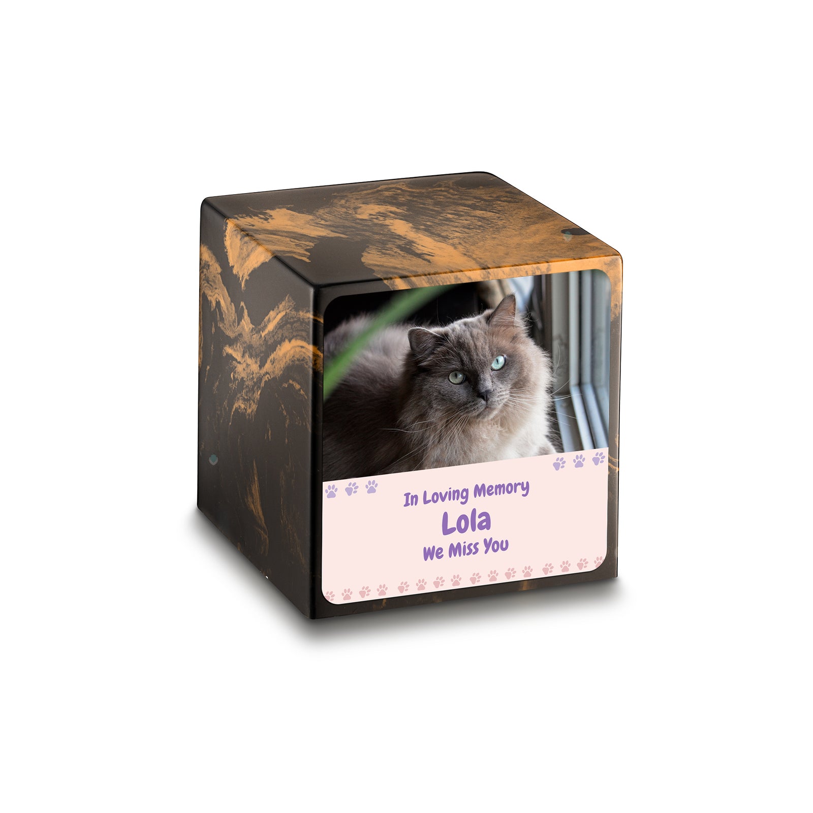 Small Cube Pet Photo Memorial Black & Gold Cultured Marble Pet Cremation Urn by MacKenzie