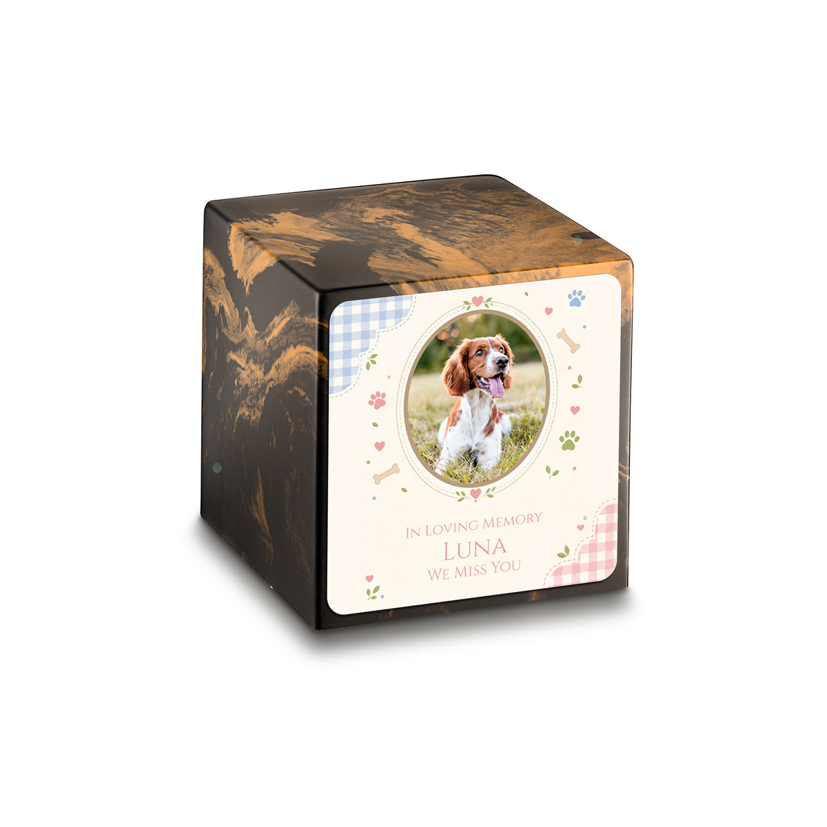 Small Cube Custom Pet Memorial Black &amp; Gold Cultured Marble Pet Cremation Urn by MacKenzie