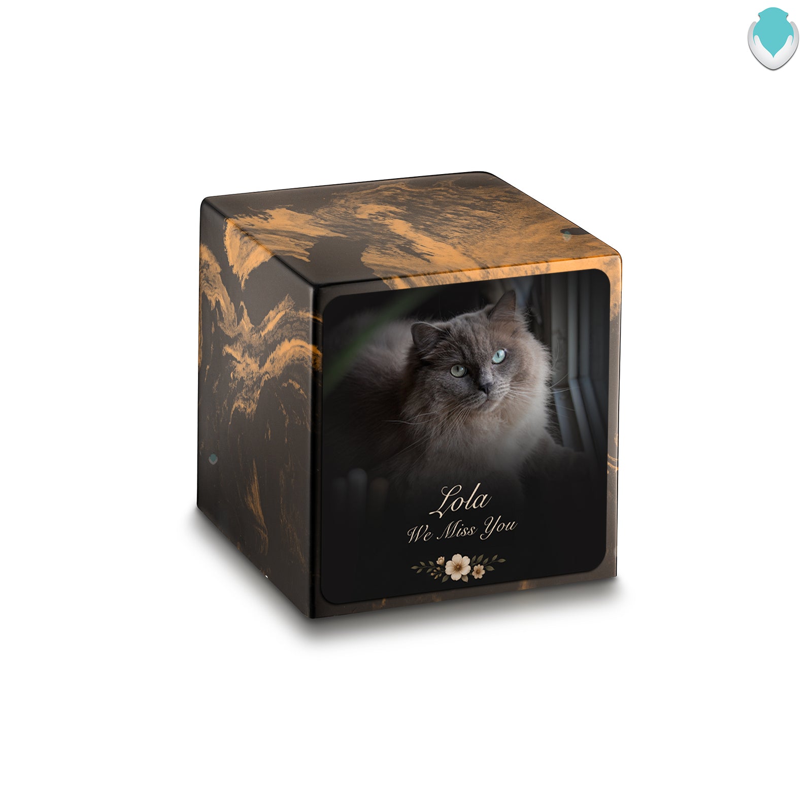Small Cube Pet Portrait Photo Black & Gold Cultured Marble Pet Cremation Urn by MacKenzie