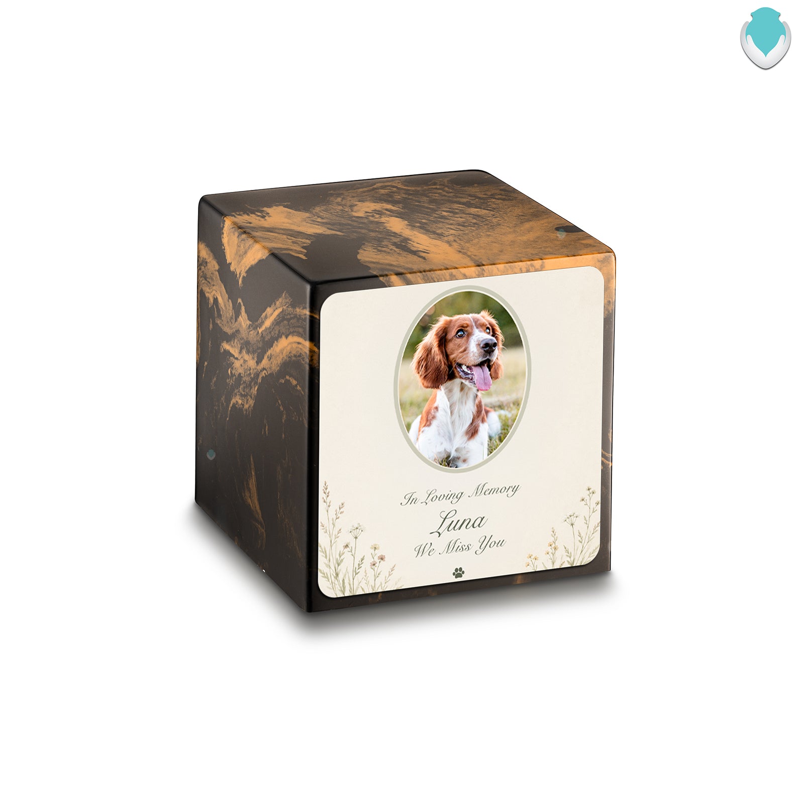 Small Cube Pet Portrait Tribute Black & Gold Cultured Marble Pet Cremation Urn by MacKenzie