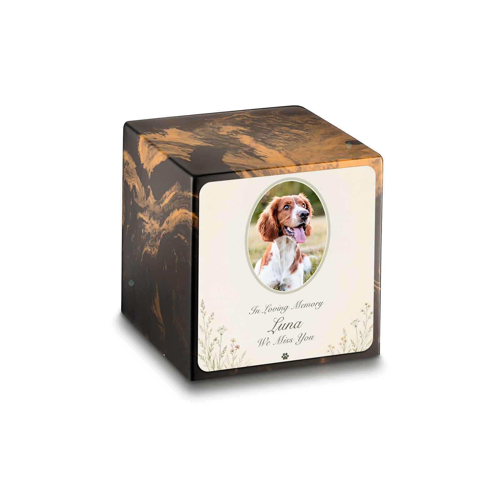 Small Cube Pet Portrait Tribute Black & Gold Cultured Marble Pet Cremation Urn by MacKenzie