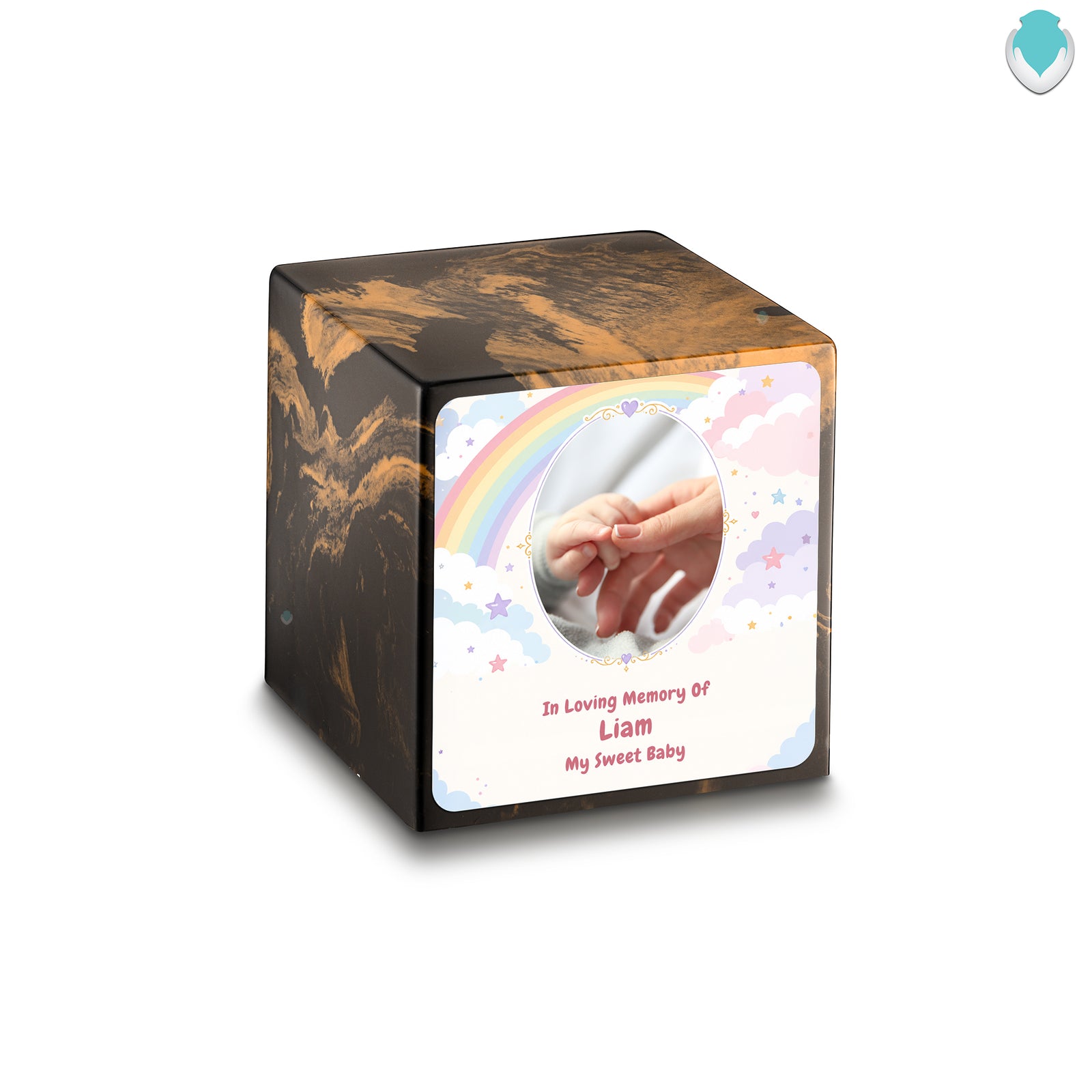 Small Cube Rainbow and Clouds Black & Gold Cultured Marble Child Cremation Urn by MacKenzie