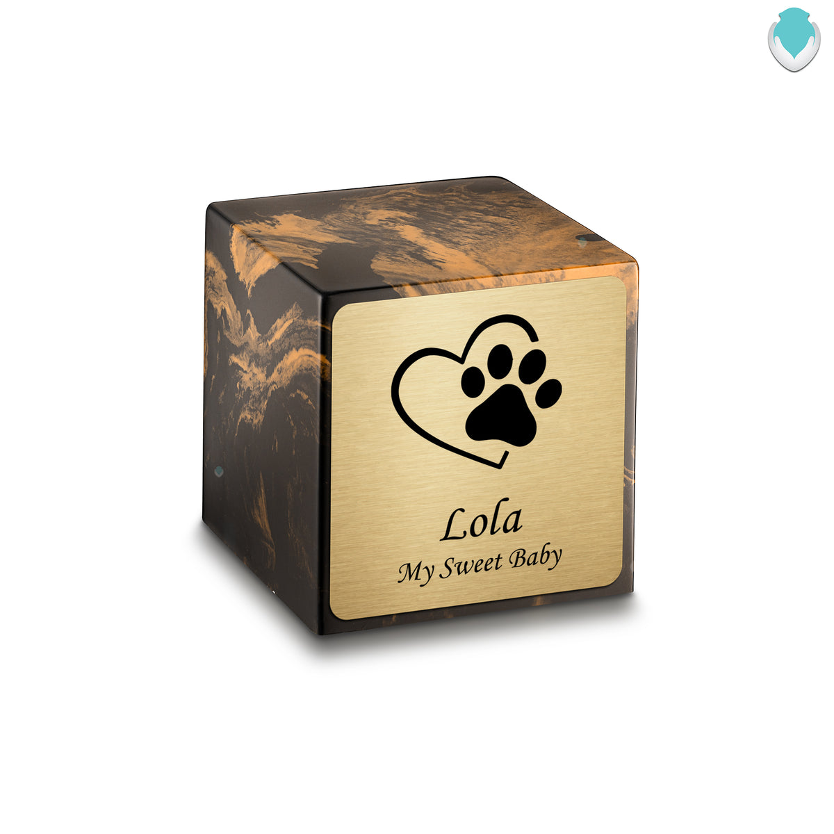Small Cube Single Heart Paw Black and Gold Cultured Marble Pet Cremation Urn by MacKenzie