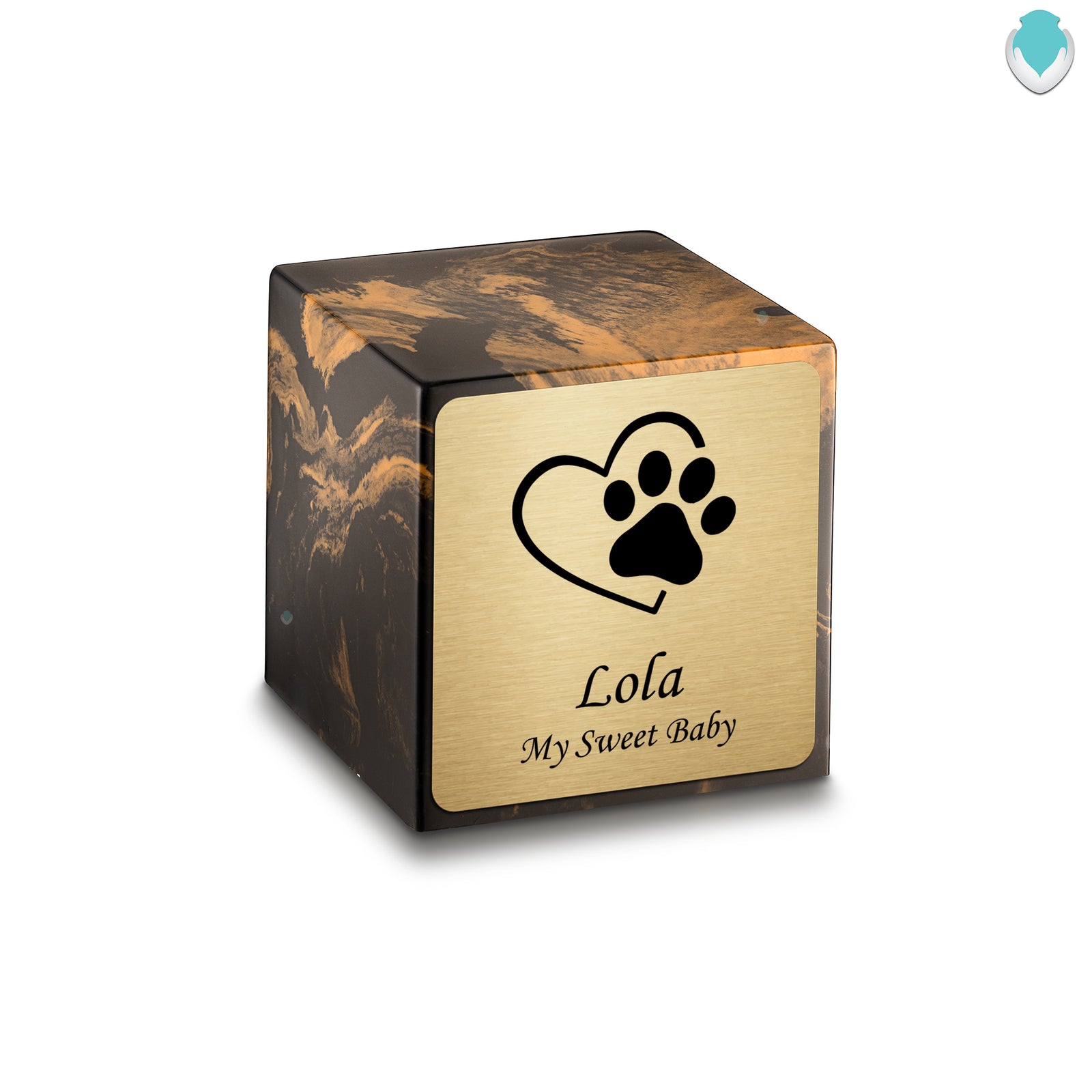 Small Cube Single Heart Paw Black and Gold Cultured Marble Pet Cremation Urn by MacKenzie