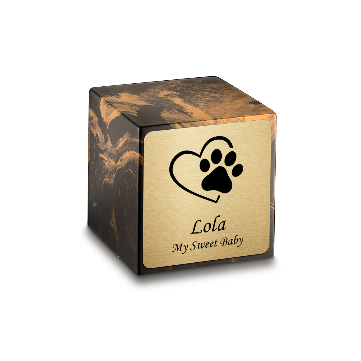 Small Cube Single Heart Paw Black and Gold Cultured Marble Pet Cremation Urn by MacKenzie