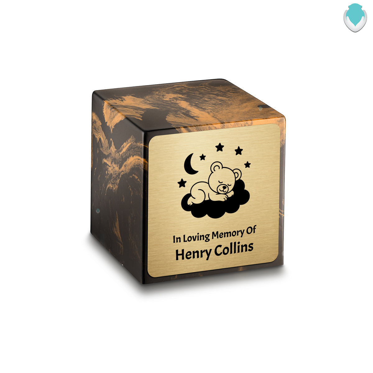 Small Cube Sleeping Teddy Black and Gold Cultured Marble Child Cremation Urn by MacKenzie
