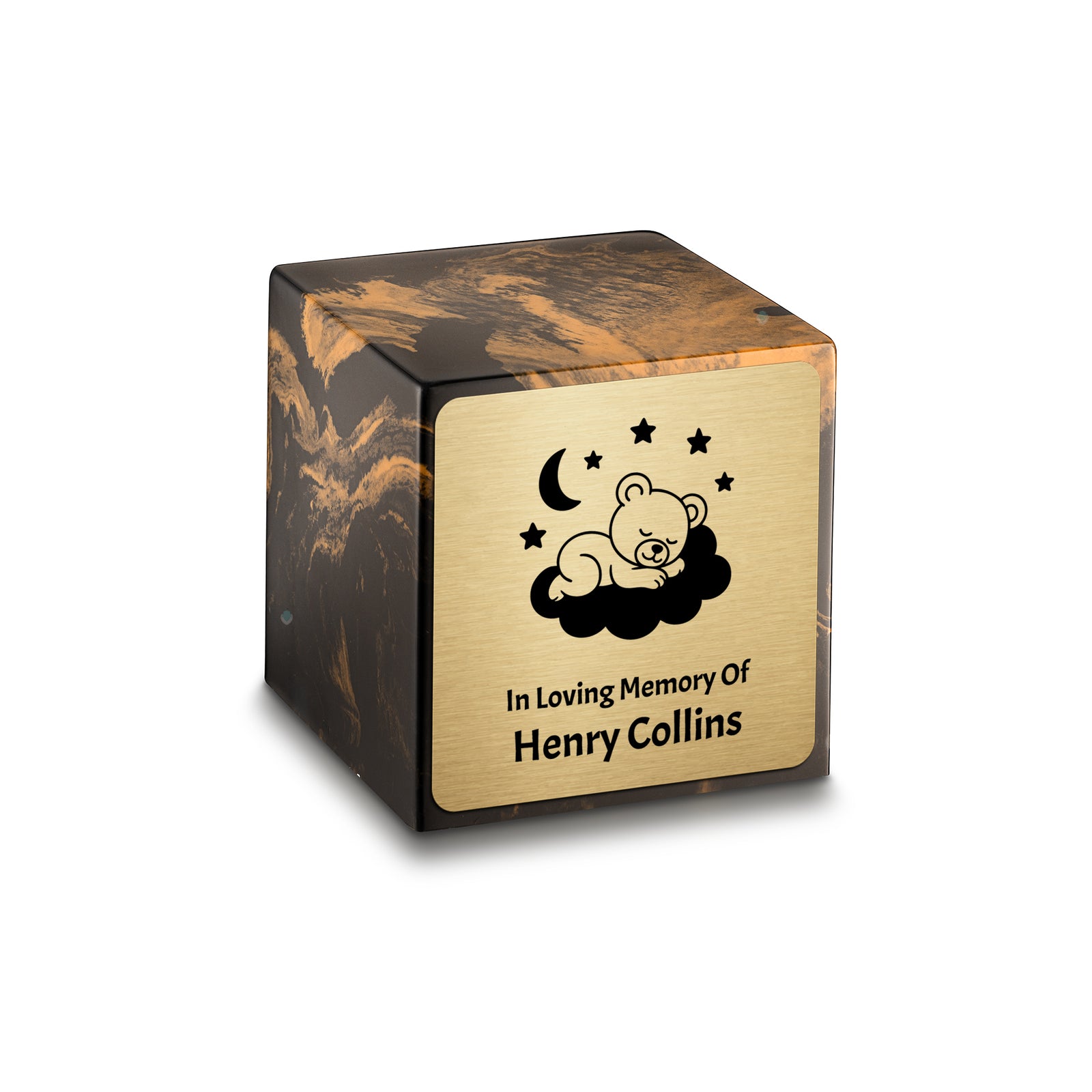Small Cube Sleeping Teddy Black and Gold Cultured Marble Child Cremation Urn by MacKenzie