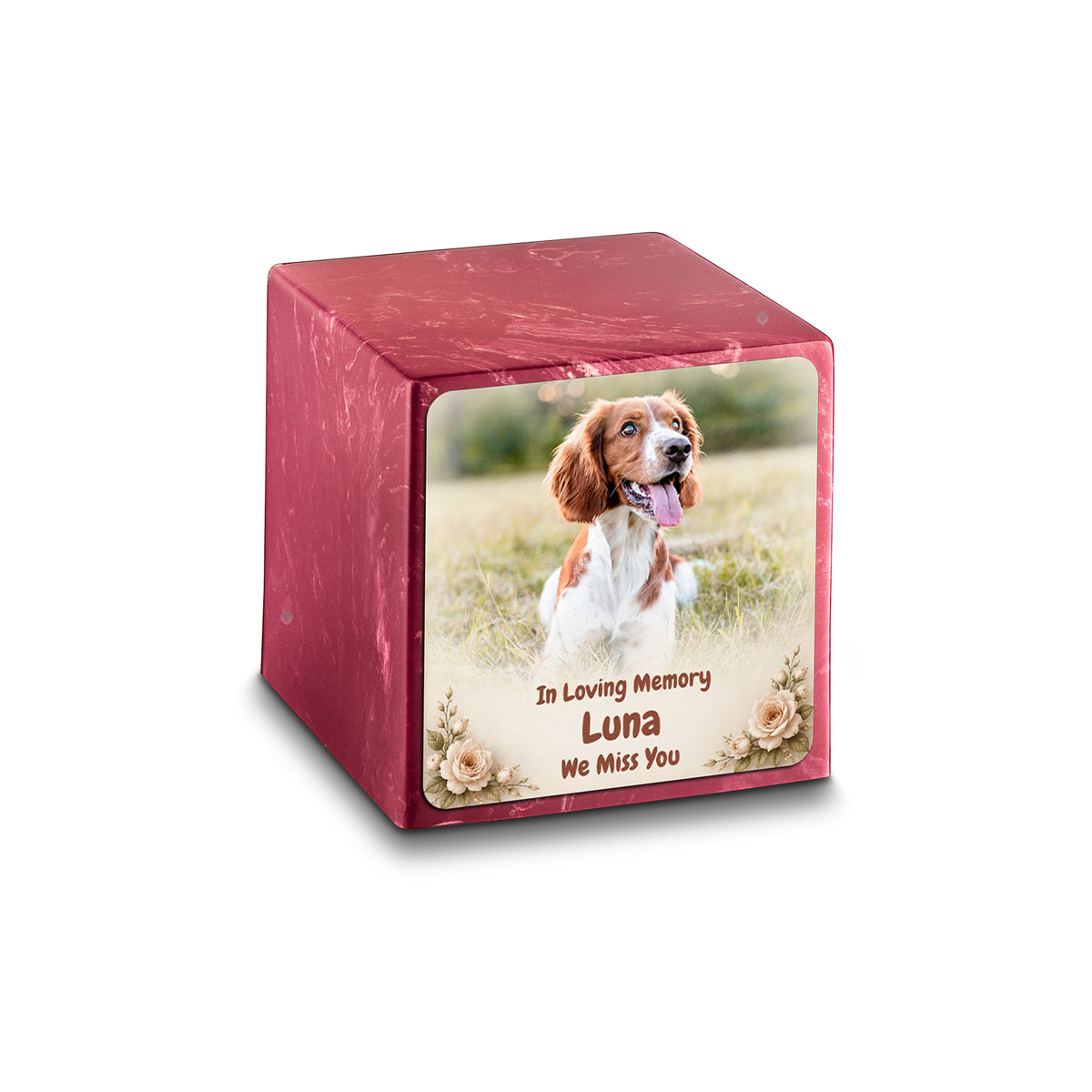 Small Cube Personalized Pet Photo Berry Cultured Marble Pet Cremation Urn by MacKenzie