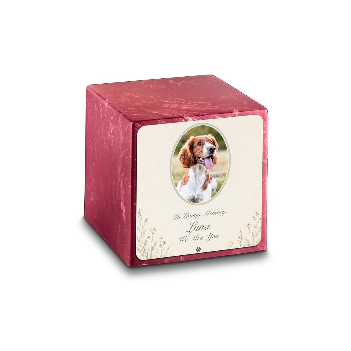 Small Cube Pet Portrait Tribute Berry Cultured Marble Pet Cremation Urn by MacKenzie
