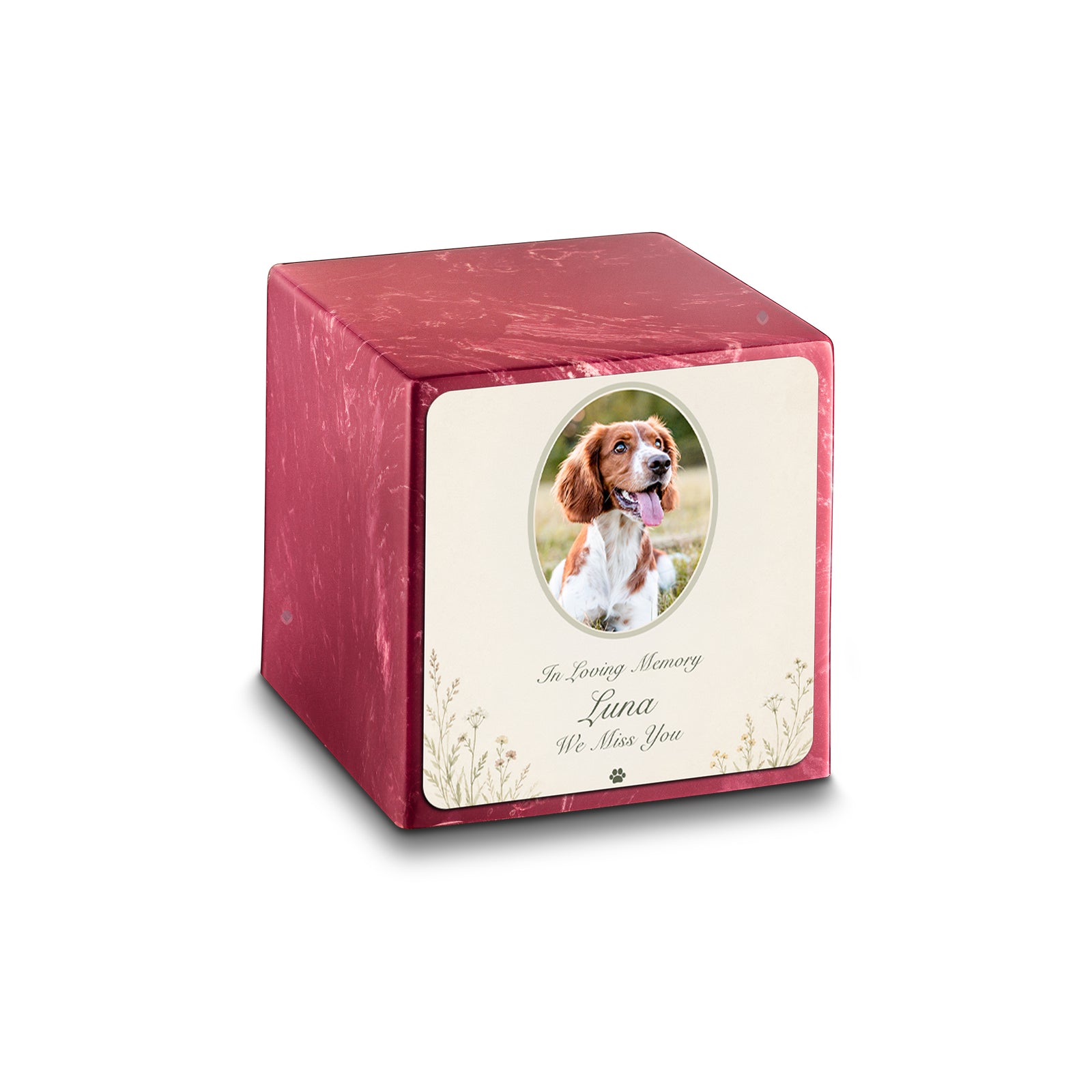 Small Cube Pet Portrait Tribute Berry Cultured Marble Pet Cremation Urn by MacKenzie