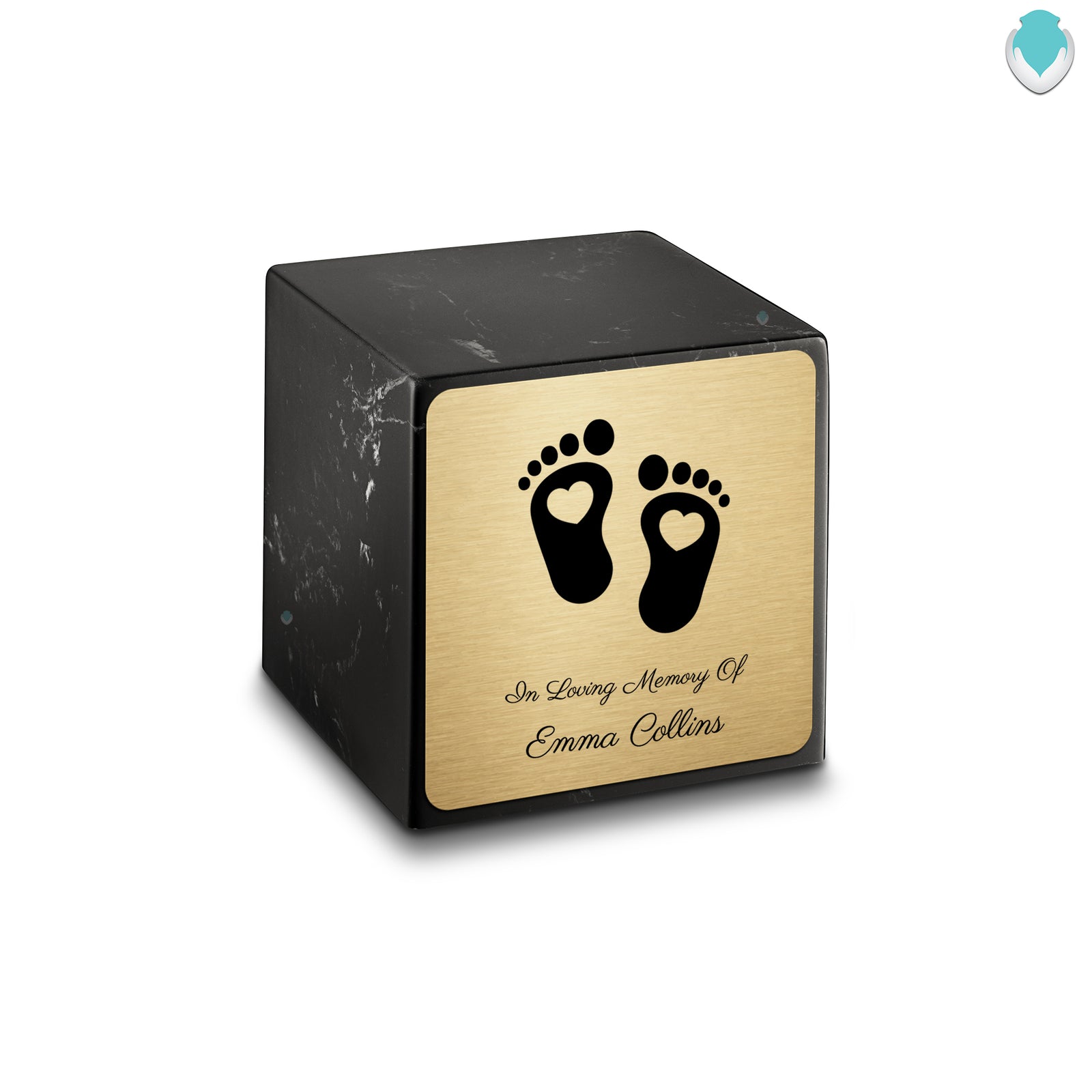 Small Cube Loving Heart Feet Black and White Cultured Marble Child Cremation Urn by MacKenzie