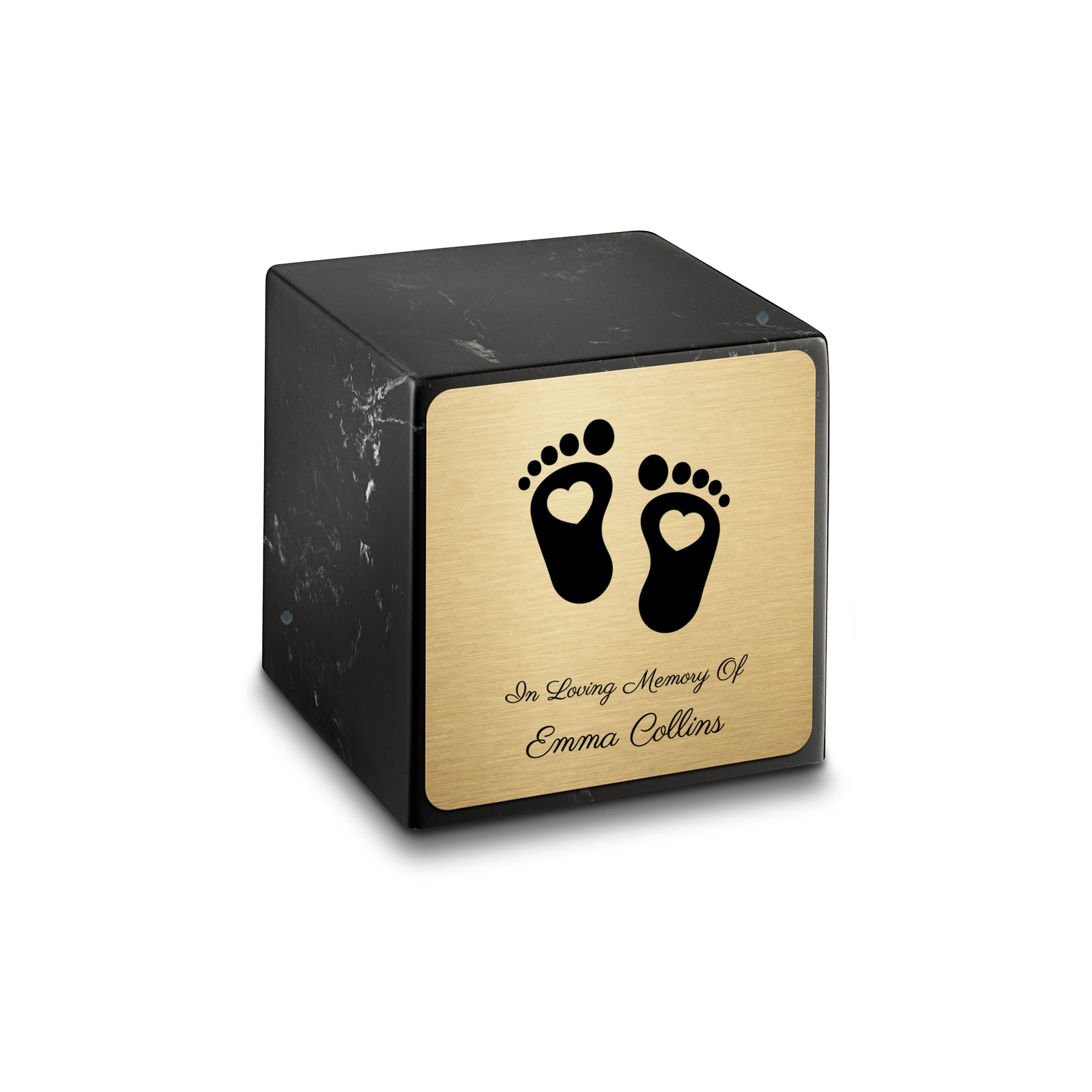 Small Cube Loving Heart Feet Black and White Cultured Marble Child Cremation Urn by MacKenzie