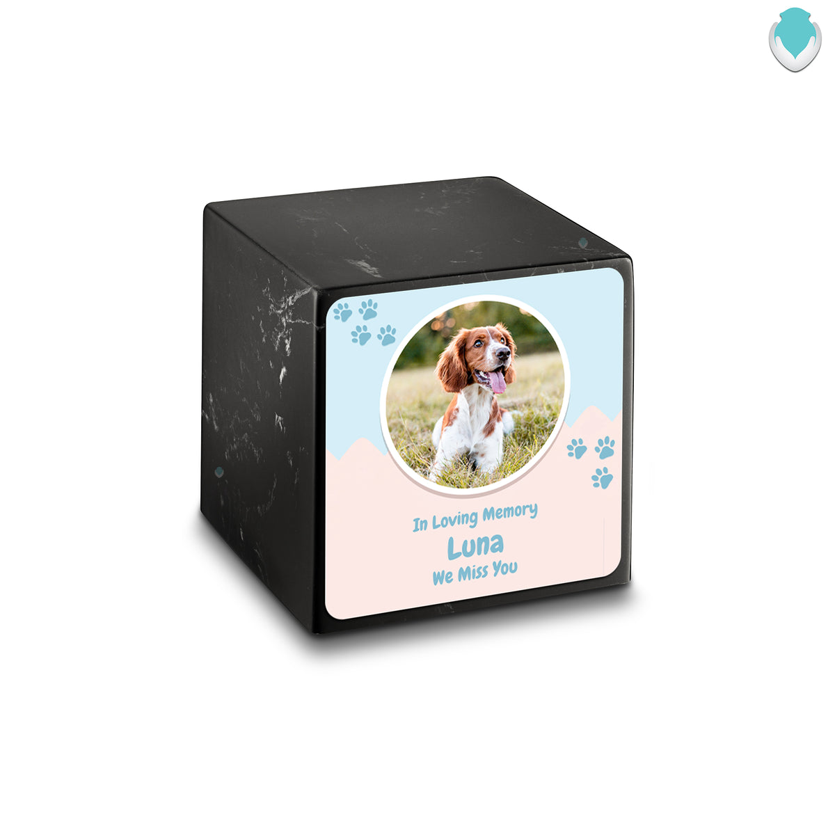 Small Cube Pet Portrait Black & White Cultured Marble Pet Cremation Urn by MacKenzie