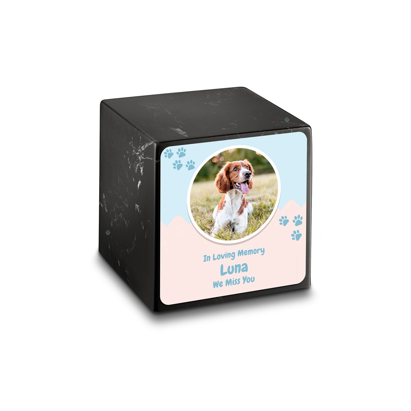 Small Cube Pet Portrait Black & White Cultured Marble Pet Cremation Urn by MacKenzie