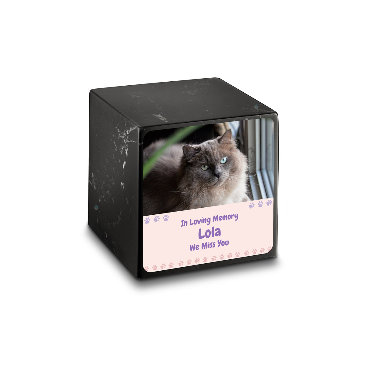 Small Cube Pet Photo Memorial Black &amp; White Cultured Marble Pet Cremation Urn by MacKenzie