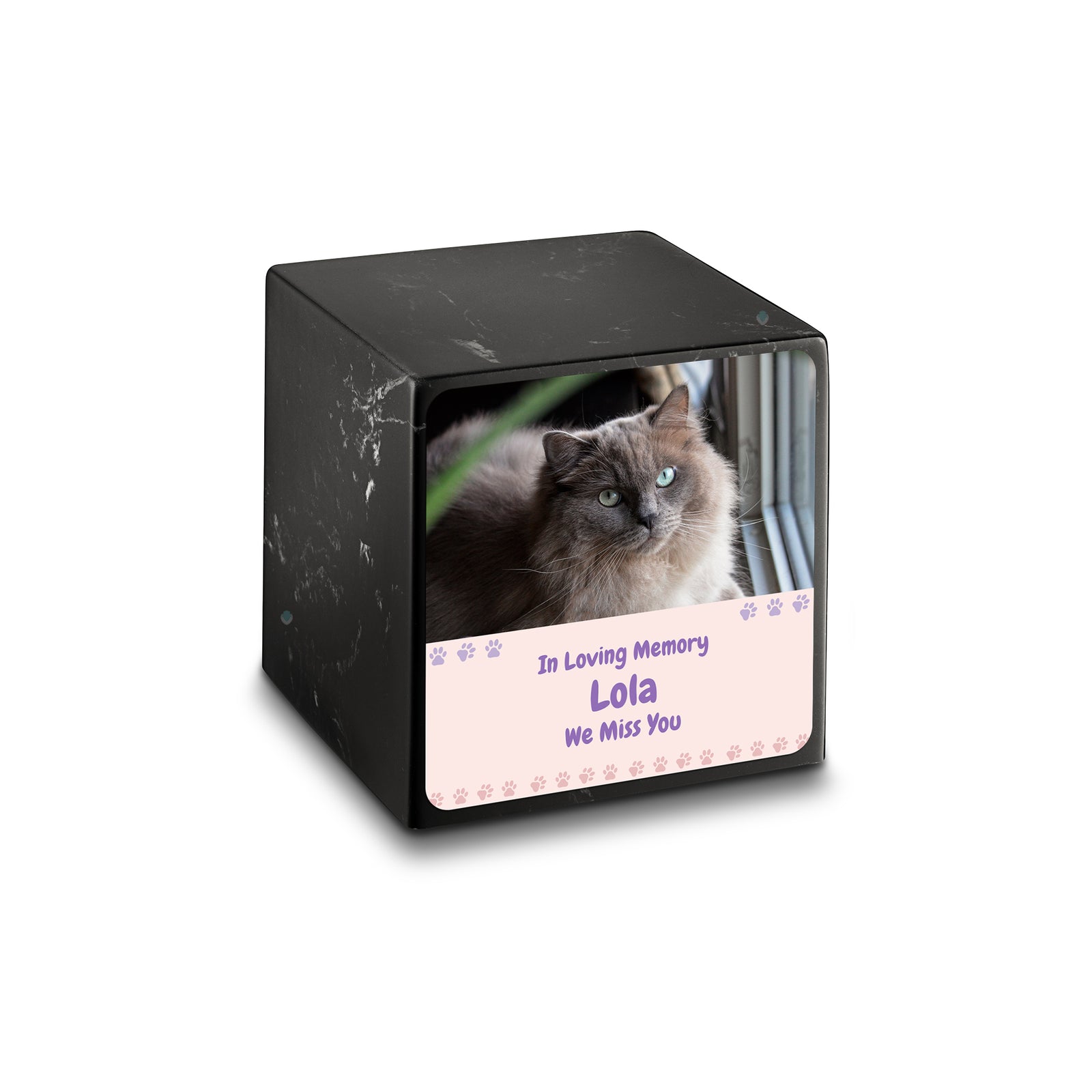 Small Cube Pet Photo Memorial Black & White Cultured Marble Pet Cremation Urn by MacKenzie